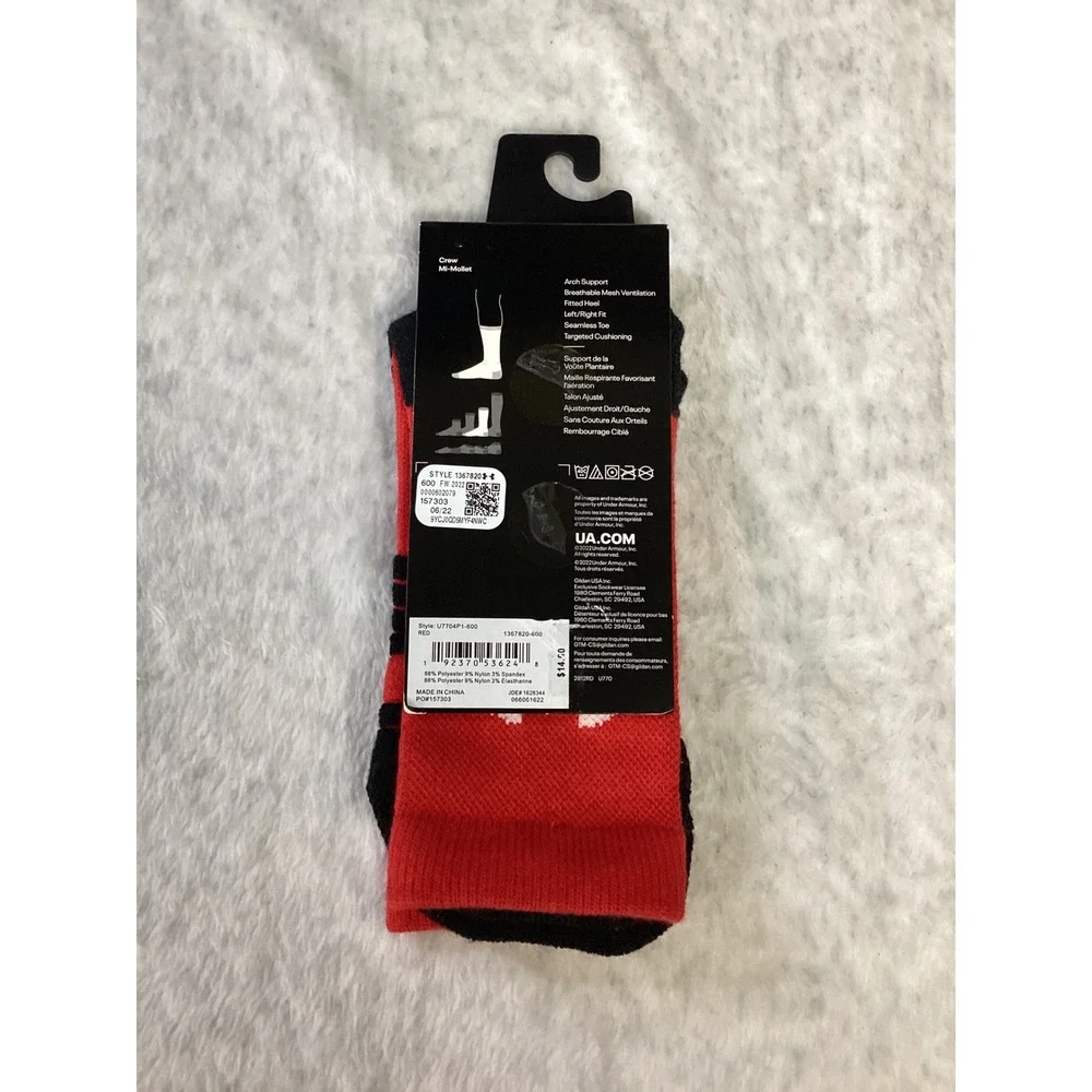 Under Armour UA Team Cushioned Crew Socks Red Black 1367820-600‎ Mens 7-8.5 NEW